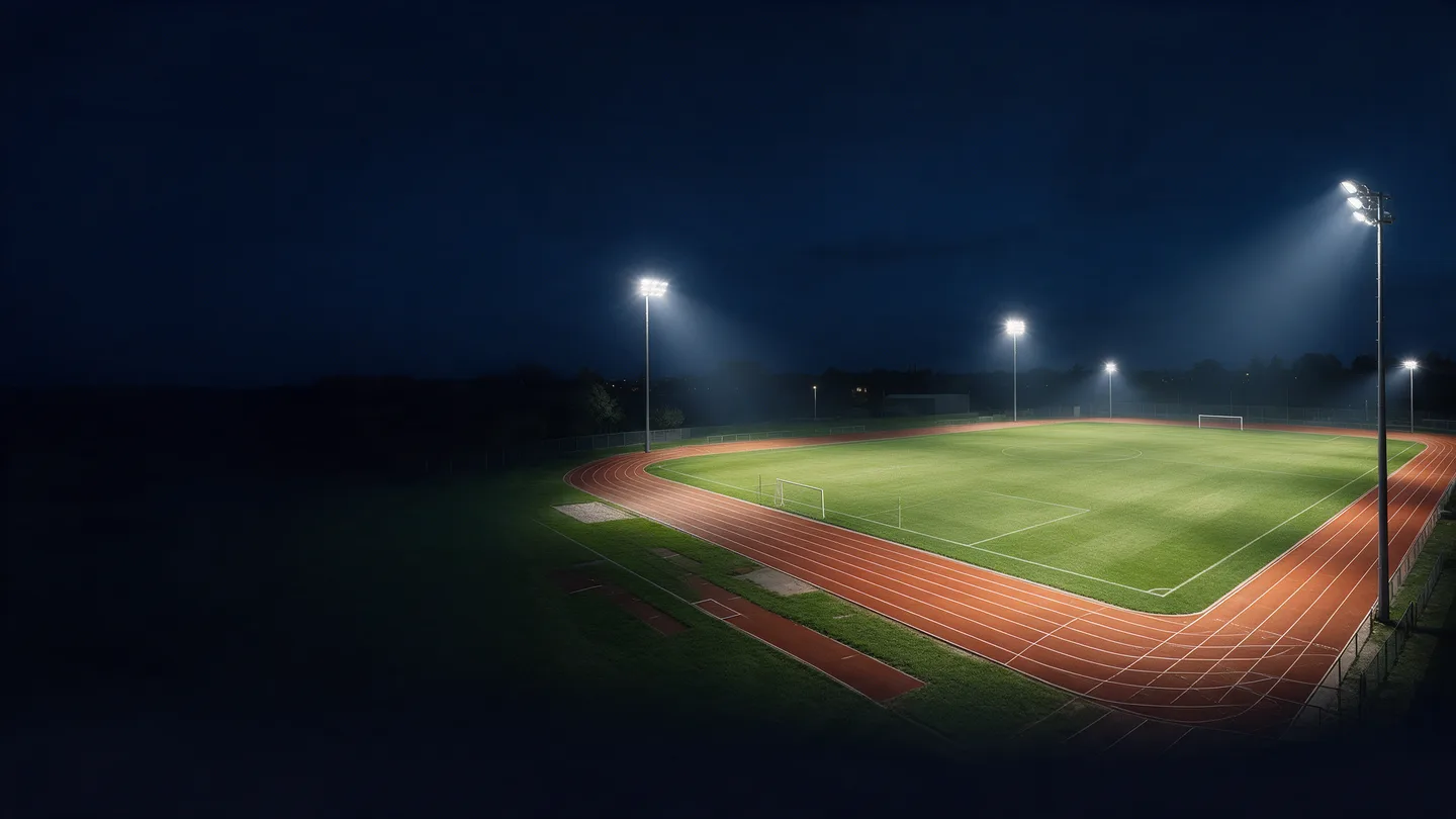 Visualisation nocturne d’un terrain de football éclairé, entouré d’une piste d’athlétisme.