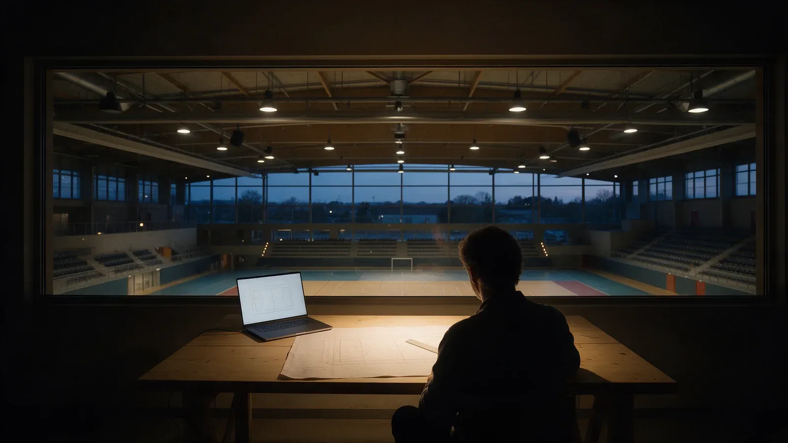 Ingénieur assis à un bureau avec ordinateur portable et plans à plat, donnant sur un gymnase sportif par la fenêtre, sans données photométriques visibles.